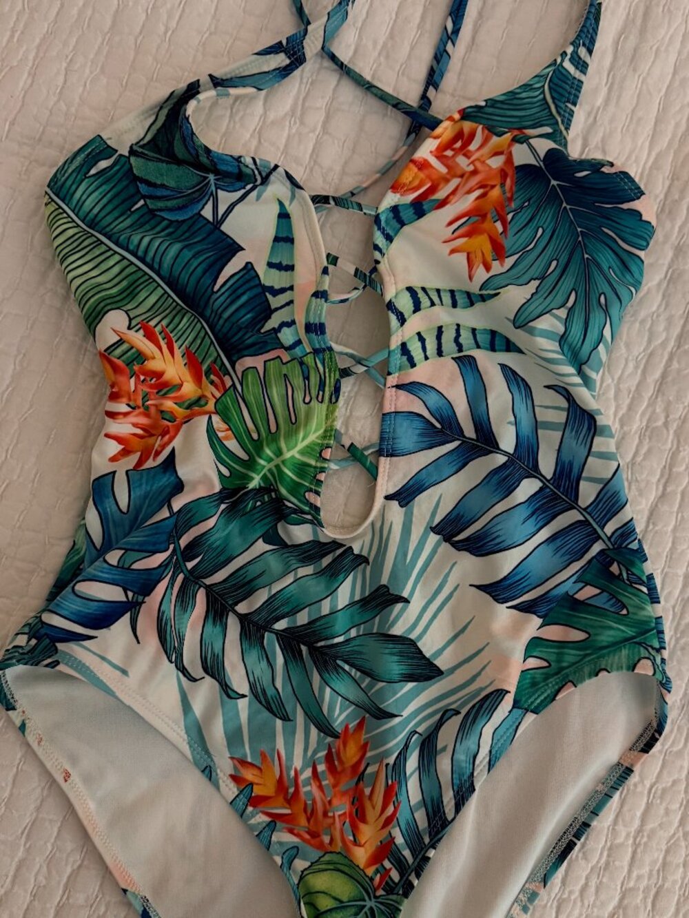 VInce Camuto Tropical Floral Plunge One Piece Scoop Back Swimsuit Size 10